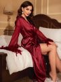 Fuzzy Cuff Belted Satin Robe