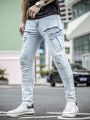 Men Ripped Frayed Flap Pocket Side Skinny Jeans