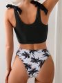 SHEIN Swim Classy Coconut Palm Tree Print Tank Top And Triangle Bikini Set