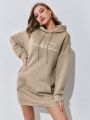 Women's Heart Pattern Hooded Sweatshirt Dress With Drawstring