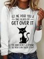 SHEIN LUNE Women's Cat Slogan Printed Round Neck T-Shirt