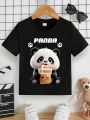 SHEIN Toddler Boys' Casual Letter Cartoon Panda Pattern Short Sleeved Round Neck T-Shirt Suitable For Summer