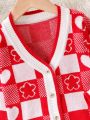 Little Girls' Color Block Floral Heart Pattern Button Down Cardigan Sweater