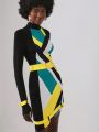 VB Collection Geo Print Mock Neck Asymmetrical Hem Belted Dress