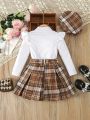 SHEIN Kids SUNSHNE Girls' Ruffle Neckline Blouse + Plaid Pleated Skirt + Hat 3pcs Set