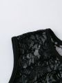 PUNK Plus Skull Print Contrast Lace Asymmetrical Neck 2 in 1 Tee