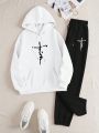 SHEIN Slayr Letter Printed Hooded Sweatshirt And Sweatpants With Warm Inner Lining, 2pcs/set