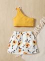 SHEIN Baby Bow One Shoulder Top & Floral Print Skirt