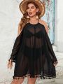 SHEIN Swim BohoFeel Plus Size Women's Hollow Out Shoulder Fringe Decor Perspective Cover Up Dress