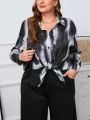 SHEIN Essnce Plus Size Women'S Tie Dye Drop Shoulder Long Sleeve Shirt