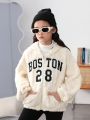 SHEIN Tween Girl Letter Embroidery Drop Shoulder Zipper Teddy Jacket