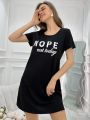 Casual Short Sleeve Women'S Sleep Dress With Letter Print And Round Neckline