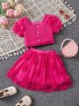 SHEIN Kids CHARMNG Young Girls' Puff Sleeve Top And 3d Flower Skirt 2pcs/Set