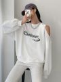 Dazy Star Text Pattern Hollow Out Drop Shoulder Sweatshirt