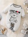 Baby Boy Letter & Cartoon Graphic Contrast Binding Jumpsuit