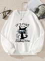 Girls' Cat & Letter Print Drop Shoulder Sweatshirt For Tweens