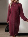 SHEIN LUNE Cable Knit Drop Shoulder Split Hem Sweater Dress