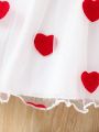 SHEIN Baby Girls' Casual Lovely Heart Applique Mesh Hem Dress For Spring And Autumn Outings