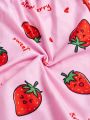 SHEIN Kids QTFun Girls' Knitted Letter Cute Strawberry Pattern Casual Shorts