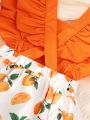 Baby Orange Print Ruffle Trimed Overall Bodysuit