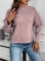 Women'S Raglan Sleeve Fringed Knitted Sweater With Shoulder Patches