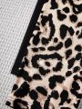 SHEIN Kids EVRYDAY Girls' Knitted Leopard Print Bottoming Shorts & Solid Color Shorts Set