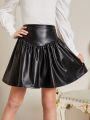 SHEIN Kids FANZEY Girls' Simple Pu Leather A-line Skirt, Loose & Casual Style