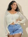 SHEIN CURVE+ Plus Size Solid Color Hollow Out Lace-up Bell Sleeve Cardigan