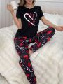 Heart Print Short Sleeve T-Shirt And Long Pants Pajama Set