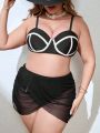 SHEIN Swim Chicsea Plus Size Colorblock Edge Trim Bikini Set And Mesh Beach Skirt Swimsuit