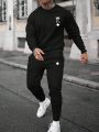 Men's Plus Size Letter Print Inner Fleece Hoodie And Sweatpants Set, Keep Warm