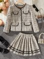 Tween Girl Plaid Coat & Pleated Skirt Set