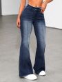 SHEIN ICON Washed Flared Jeans With Frayed Hem And Vintage Denim Wash