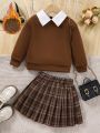 SHEIN Kids EVRYDAY Young Girl Contrast Collar Sweatshirt & Plaid Pleated Skirt