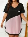 Plus Heart Print Colorblock Lace Trim Nightdress