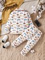 Baby Boy Spring And Autumn New Casual Cartoon Cute Style Car Ship Print Long Sleeves And Trousers Suit Loose And Comfortable