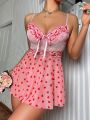 Women's Sexy Mesh Lingerie Dress With Heart Pattern Print And Thong Underwear