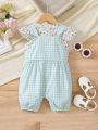 Baby Girls' Plaid Overalls Jumpsuit & Floral Short Sleeve Top Set