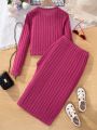 Teen Girls' Basic Casual Long Sleeve Top And Plush Ribbed Split Skirt Set