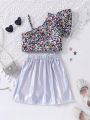 SHEIN Kids Y2Kool Young Girl One Shoulder Glitter Top And Skirt Set