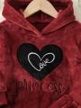 Girls' Fleece Lined Heart Printed Hoodie And Long Pants Set For Autumn And Winter