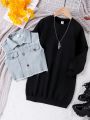 Tween Girl 1pc Raw Trim Flap Detail Vest Jacket & 1pc Sweatshirt Dress