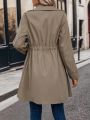 Lapel Neck Double Button Drawstring Waist Trench Coat