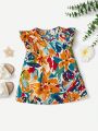 SHEIN Baby Floral Print Ruffle Trim Keyhole Back Butterfly Sleeve Dress