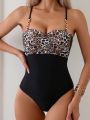 SHEIN Swim Chicsea Women's Leopard Print Splice One Piece Cami Swimsuit