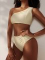 SHEIN Swim Vcay Ladies' Solid Color Ruffled Asymmetric One Shoulder Bikini Swimsuit Set