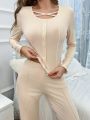 Women's Faux-Button Decoration Long Sleeve And Pants Home Suit