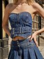 KUNSHENG Zip Up Belted Tube Denim Top