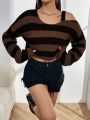 Striped Pattern Asymmetrical Neck Drop Shoulder Sweater