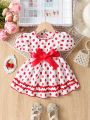 Baby Girls' Red Belt & Polka Dot Printed Puffy Short Sleeve Dress For Performance